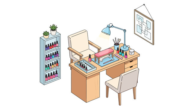 Isometric illustration of a nail technicians desk setup with supplies