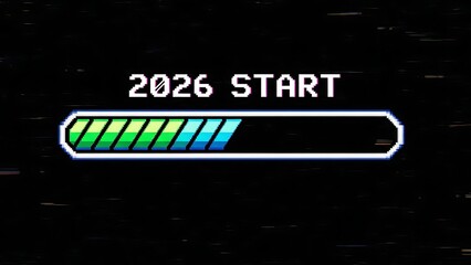 Pixelated 2026 start progress bar with green blue gradient on black background with digital noise loading