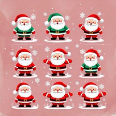 Various Santa Claus characters on a red background with snowflakes, each character is smiling and wearing a classic red and green outfit , isolated on a white background