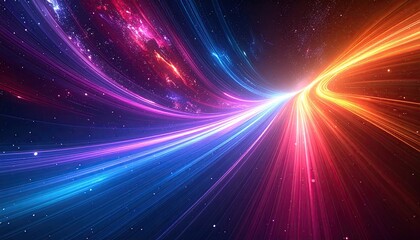 Digital artistic rendering of colorful streaks of light flowing through space, creating a visual flow