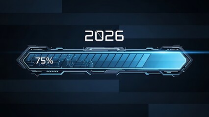 Futuristic progress bar showing seventy five percent completion with year 2026 displayed above on a dark blue technological background