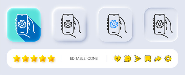 Fototapeta premium App settings line icon. Neumorphic, Flat shadow, 3d buttons. Hand hold phone sign. Cellphone with screen notification symbol. Line app settings icon. Social media icons. Vector