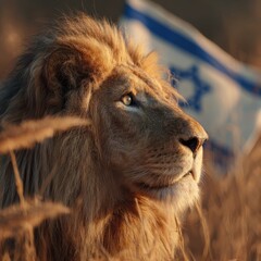 Fototapeta premium Lion looks toward the horizon near an Israeli flag in a golden field during sunset