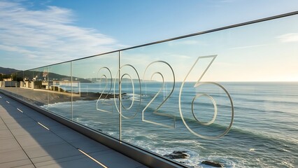 Large numbers 2026 etched onto a glass railing overlooking a blue ocean with waves and a distant coastline