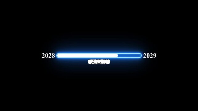 2028 to 2029 loading animation with January 2028 to January 2029 timeline on black background, year progress transition, calendar time loading bar, new year change concept