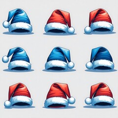 Array of Santa Hats in blue and red are neatly arranged, a festive pattern. Evoking the cheer, joy and anticipation associated with the season