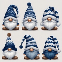 A whimsical illustration showcases a collection of jovial gnomes, each donning a unique, patterned cap and a long, flowing beard, glossy nose, exuding a playful and enchanting allure