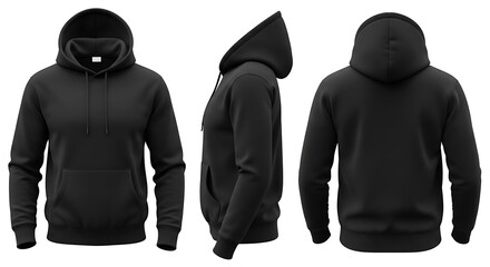Blank black hoodie template, front, side, and back views, ideal for design mockups and apparel branding, isolated on white background