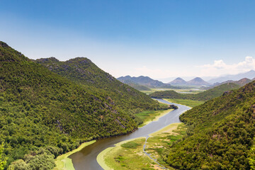 High view of the Rijeka Crnojevica river in Skadar lake National Park from Pavlova Strana view point. Monténégro.