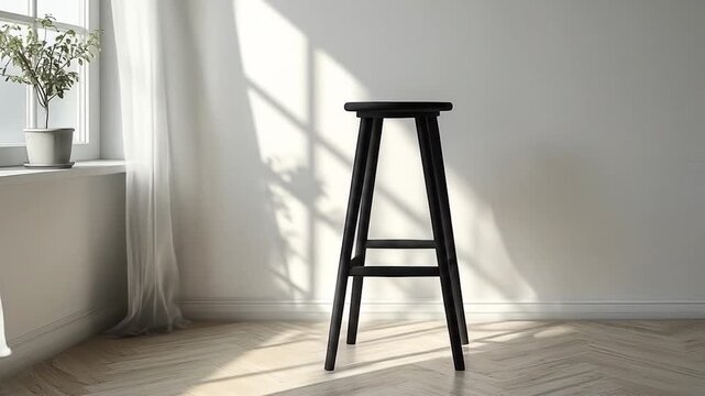 Black stool in a room, sunbeams and plant by window