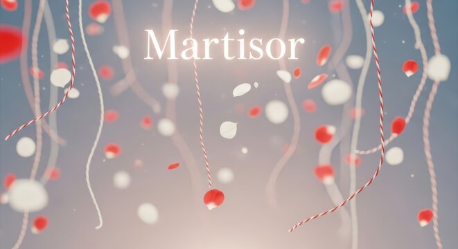 A festive background with falling confetti and streamers, featuring the word martisor in a classic font, ideal for spring and cultural celebrations