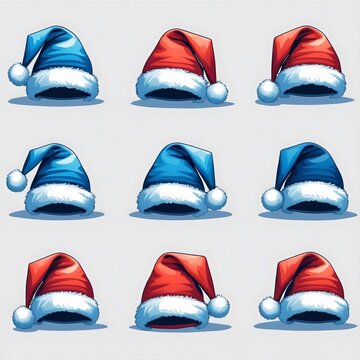 Array of Santa Hats in blue and red are neatly arranged, a festive pattern. Evoking the cheer, joy and anticipation associated with the season