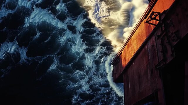 Sunset casts warm hues over Golden Gate Bridge with waves crashing below, Aerial view of Golden Gate bridge at sunset
