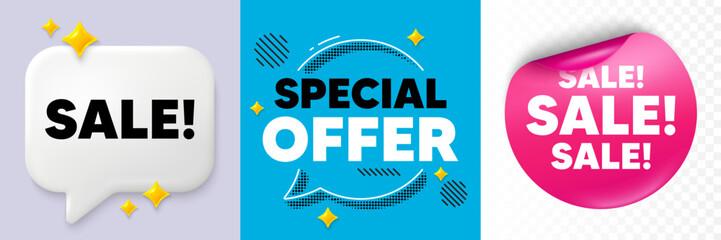 Sale speech bubble. 3d sparkles chat, Paper sticker. Sale promotion tag. Special offer price sign. Advertising Discounts symbol. Special offer bubble. Halftone dots pattern. Vector