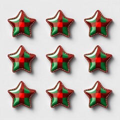 Nine ornamental stars arranged symmetrically on a flat surface, with a plaid design in Christmas colors