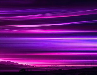 Horizontal streaks of pink and purple light over distant mountains against a starry night