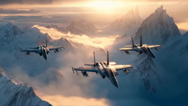Aerial view of unbranded military fighter jets flying over majestic mountain landscape during sunset, An aerial view of unbranded military fighter jets flying over cumulus clouds