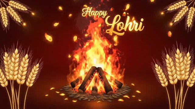 Happy Lohri Flames and Wheat Border Illustration