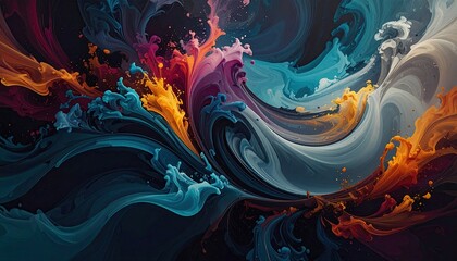 Swirling abstract painting featuring vibrant, fluid colors against a dark background