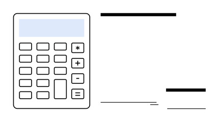 Calculator with numeric keypad and function buttons alongside minimal lines and shapes. Ideal for finance, education, mathematics, accounting, data, planning, technology. A clean simple flat