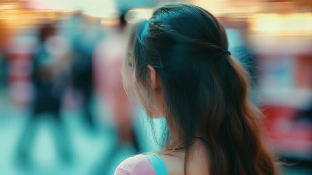 Beautiful young woman gazing in a bustling crowd at sunset in an urban area, Beautiful young woman standing in moving crowd, looking at camera timelapse