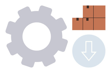 Large gear, stacked cardboard boxes, and a downward arrow symbolizing logistics, operations, and process optimization. Ideal for supply chain, management, shipping, manufacturing productivity