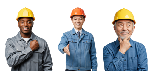 Three diverse male construction workers, young to senior, wearing hard hats and work uniforms, smiling and posing confidently against a transparent background.