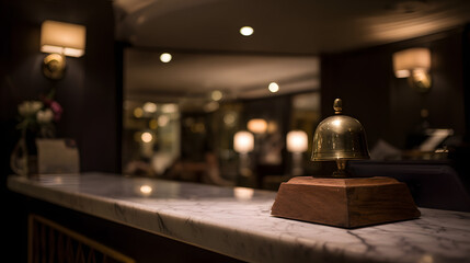 checkin. Elegant hotel lobby counter with a vintage bell, featuring warm lighting and marble surfaces. real-estate listings.