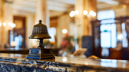 checkin. Elegant hotel lobby counter with a vintage bell, featuring warm lighting and marble surfaces. real-estate listings.