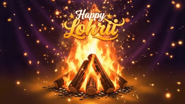 Happy Lohri Greeting with Burning Bonfire Illustration