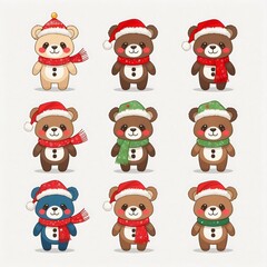 A set of cute teddy bears dressed in festive Christmas outfits, featuring winter accessories on a white background