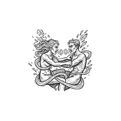 Fototapeta premium Surreal A dramatic black and white line art illustration depicting a man and woman in a furious argument