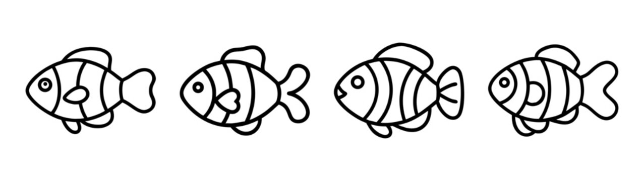 Four cute simple cartoon fish line art illustration design element