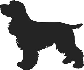 Dog silhouette profile, long-haired breed icon, standing pet vector shape, animal graphic clipart, black dog, flat vector illustration