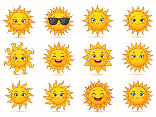 Cartoon Sun Characters Set &ndash; Cute Smiling Suns with Sunglasses and Bright Summer Emotions