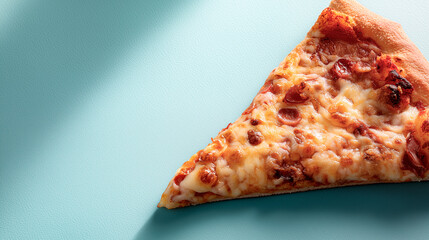 A single pepperoni pizza slice with melted cheese and crispy crust on a pastel blue surface, lit to emphasize texture and appetizing detail.