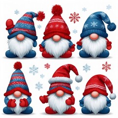 Cute winter xmas gnome characters in colorful hats and mittens, perfect for holiday decor, set against a white backdrop