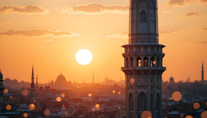 Sunset in Florence, Italy, and Istanbul, Turkey, showcasing the historic architecture of a minaret, tower, and old building landmark against the vibrant sky