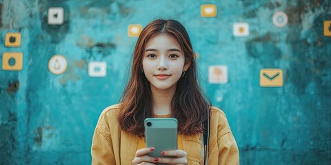 A woman with a smartphone standing near a blue wall with online broadcasts and social media icons.