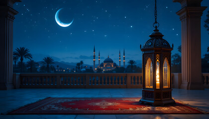 Close-up of Fresh and Sweet Dates in a Traditional Patterned Bowl, a Refreshing Glass of Water, and a Warmly Lit Arabic Lantern on a Rustic Wooden Table.