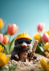 Cooler Maulwurf mit Bauhelm und Sonnebrille auf Fr&uuml;hlingswiese