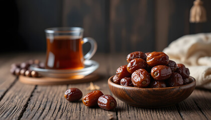 Delicious and Nutritious Medjool Dates in a Wooden Bowl with a Glass of Hot Black Tea on a Rustic Dark Wood Table, Perfect for Iftar or Healthy Snacking.