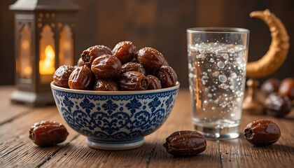 Ramadan Iftar Setup with Sweet Dates in a Beautiful Blue Ceramic Bowl, a Glass of Cold Water, and a Traditional Arabic Lantern Glowing on a Rustic Wooden Table.