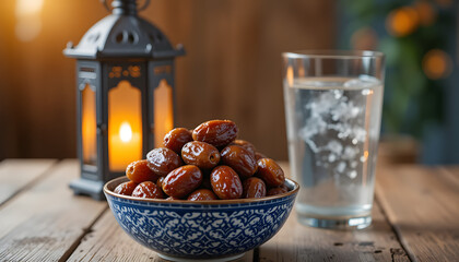 Ramadan Iftar Setup with Sweet Dates in a Beautiful Blue Ceramic Bowl, a Glass of Cold Water, and a Traditional Arabic Lantern Glowing on a Rustic Wooden Table.