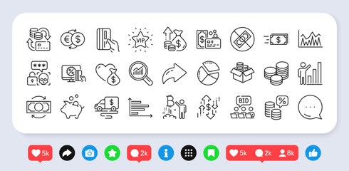 Dollar rate, Cyber attack and Vip star line icons pack. Social media: share, comment, like icons. Cash transit, Online shopping, Inflation web icon. Card, Tips, Graph chart pictogram. Vector