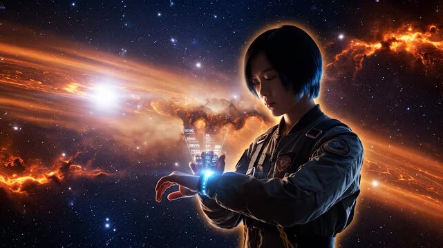 Astronaut uses holographic display in space with galaxy nebula. Woman astronaut controls hologram near stars. Space technology with astronaut and holographic interface. Galaxy exploration display.