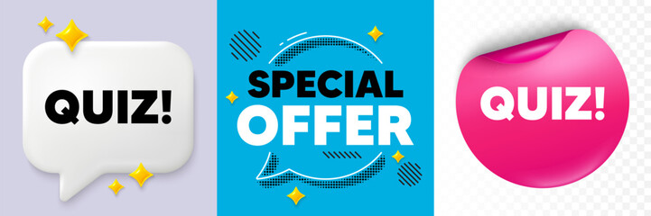 Quiz speech bubble. 3d sparkles chat, Paper sticker. Quiz tag. Answer question sign. Examination test symbol. Special offer bubble. Halftone dots pattern. Vector