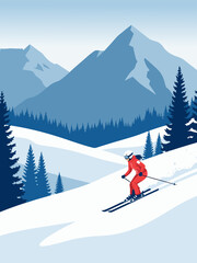A person in a red ski suit skiing down a snowy mountain slope with blue mountains and pine trees in the background.