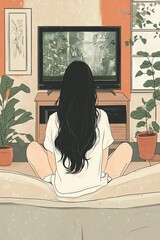 A young woman sitting on a sofa watching a movie on TV at home.