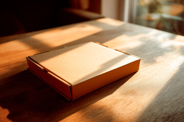 Sunlit cardboard pizza box resting on a wooden table, warm shadows creating a cozy afternoon atmosphere.